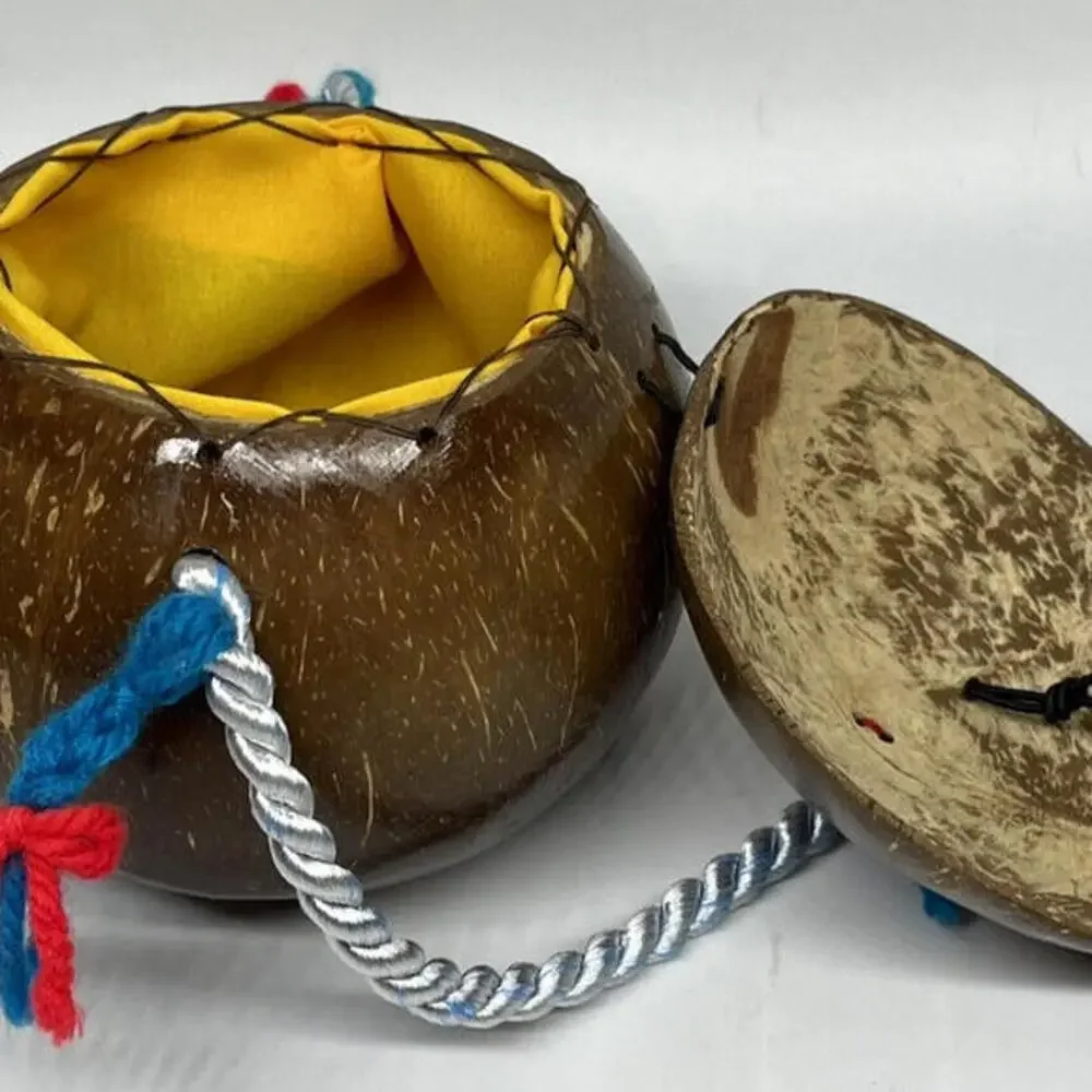 Vintage Coconut Shell Head Face Purse Bag Hand Painted Varnished‎ Lined